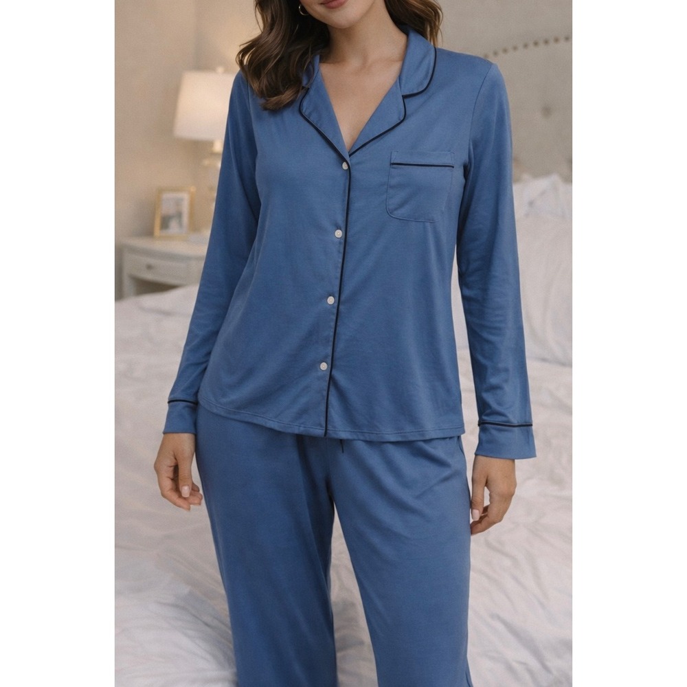 GapBody Womens Pajama Set Blue Medium Long Sleeve Button Down‎ Pants  Loungewear